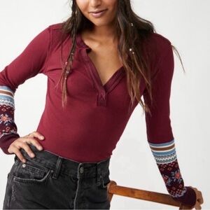 We The Free Burgundy Long Sleeve Top with Patterned Sleeves